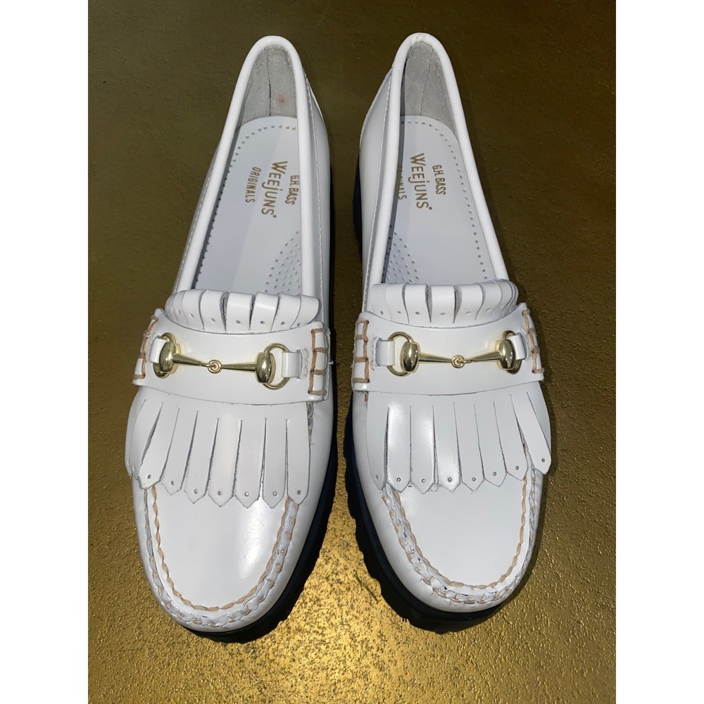 GH Bass Weejuns Lianna Kiltie Lug Loafers White Leather Horsebit Bit Platform